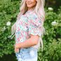 Pink Floral Print Button Split Neck Puff Sleeve Blouse