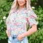 Pink Floral Print Button Split Neck Puff Sleeve Blouse