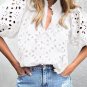 White Flower Embroidered Hollow out Puff Sleeve Blouse