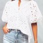 White Flower Embroidered Hollow out Puff Sleeve Blouse