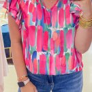 Rose Abstract Brush Print Ruffled Sleeve Frill V Neck Blouse