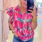 Rose Abstract Brush Print Ruffled Sleeve Frill V Neck Blouse