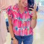 Rose Abstract Brush Print Ruffled Sleeve Frill V Neck Blouse
