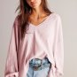 Light Pink Waffle V Neck Long Sleeve Drop Shoulder Loose Blouse
