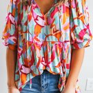 Rose Red Abstract Print Drawstring V Neck Half Sleeve Blouse
