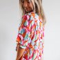 Rose Red Abstract Print Drawstring V Neck Half Sleeve Blouse