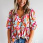 Rose Red Abstract Print Drawstring V Neck Half Sleeve Blouse