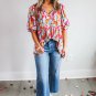 Rose Red Abstract Print Drawstring V Neck Half Sleeve Blouse