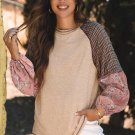 Jet Stream Mixed Print Raglan Sleeve Ribbed Knit Patchwork Blouse