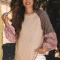 Jet Stream Mixed Print Raglan Sleeve Ribbed Knit Patchwork Blouse