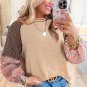 Jet Stream Mixed Print Raglan Sleeve Ribbed Knit Patchwork Blouse