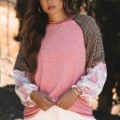 Fushia Mixed Print Raglan Sleeve Ribbed Knit Patchwork Blouse