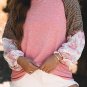 Fushia Mixed Print Raglan Sleeve Ribbed Knit Patchwork Blouse