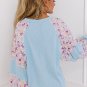 Beau Blue Textured Floral Patchwork Balloon Sleeve Blouse
