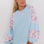 Beau Blue Textured Floral Patchwork Balloon Sleeve Blouse