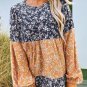 Blue Floral Color Block Patchwork Ruffled Hem Round Neck Blouse