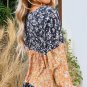 Blue Floral Color Block Patchwork Ruffled Hem Round Neck Blouse