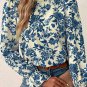 Sky Blue Floral Print Flounce Sleeve Keyhole Back Blouse