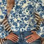 Sky Blue Floral Print Flounce Sleeve Keyhole Back Blouse