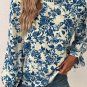 Sky Blue Floral Print Flounce Sleeve Keyhole Back Blouse
