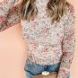 Pink Floral Long Sleeve High Neck Sheath Mesh Blouse
