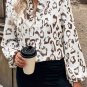 Khaki Leopard Print Split Neck Balloon Sleeve Blouse