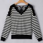 Black Stripe Crochet Hollow out Back Buttoned Shoulder V Neck Top