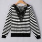 Black Stripe Crochet Hollow out Back Buttoned Shoulder V Neck Top
