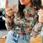 Brown Floral Long Sleeve High Neck Sheath Mesh Blouse