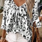 Black Leopard Print Ruched V Neck 3/4 Sleeve Blouse