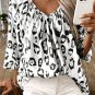 Black Leopard Print Ruched V Neck 3/4 Sleeve Blouse