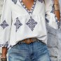 White Boho Geometric Print Bracelet Sleeve V Neck Blouse