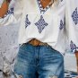 White Boho Geometric Print Bracelet Sleeve V Neck Blouse