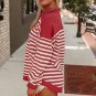 Red Stripe Buttoned V Neck Collared Drop Shoulder Top