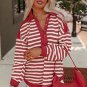 Red Stripe Buttoned V Neck Collared Drop Shoulder Top