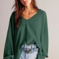 Blackish Green Waffle V Neck Long Sleeve Drop Shoulder Loose Blouse