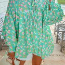 Green Abstract Printed Lace Up Lantern Sleeve Babydoll Blouse