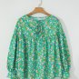 Green Abstract Printed Lace Up Lantern Sleeve Babydoll Blouse