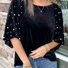 Black Pearl Beaded Half Sleeve Velvet Top