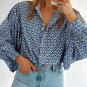 Sky Blue Abstract Print Shirred Cuff Buttoned Oversized Shirt