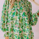 Green Leafy Printed Flounce Sleeve Shirred Mock Neck Blouse