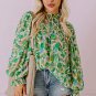 Green Leafy Printed Flounce Sleeve Shirred Mock Neck Blouse