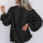 Black Textured Bubble Sleeve V Neck Loose Blouse