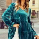 Sea Green Velvet V Neck Peplum Hem Puff Sleeve Blouse