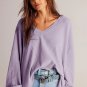Orchid Petal Waffle V Neck Long Sleeve Drop Shoulder Loose Blouse