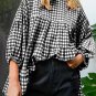 Black Checkered Puff Sleeve Tiered Loose Babydoll Blouse