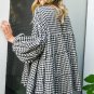 Black Checkered Puff Sleeve Tiered Loose Babydoll Blouse