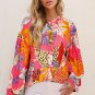 Red Abstract Floral Print Buttoned Ruffled Bubble Sleeve Shirt