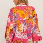 Red Abstract Floral Print Buttoned Ruffled Bubble Sleeve Shirt