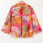 Red Abstract Floral Print Buttoned Ruffled Bubble Sleeve Shirt
